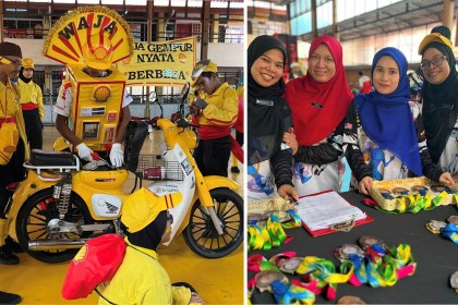 7. The yellow house students in   action in line with their SHELL (Petrol) theme (left) and the teachers with the medals at the prize giving ceremony 